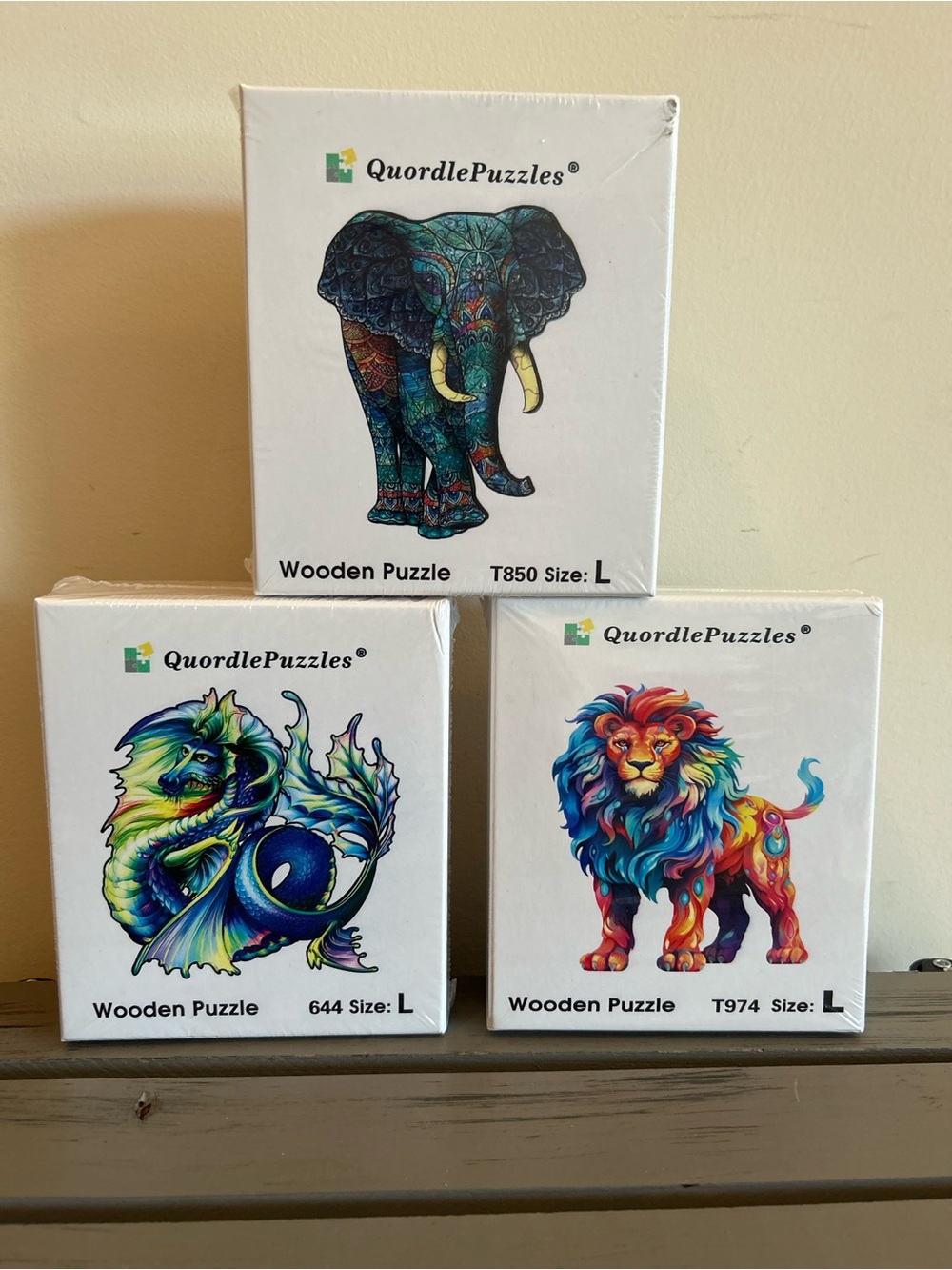 Quordle Wooden Puzzles New & Sealed Elephant, Dragon and Lion
